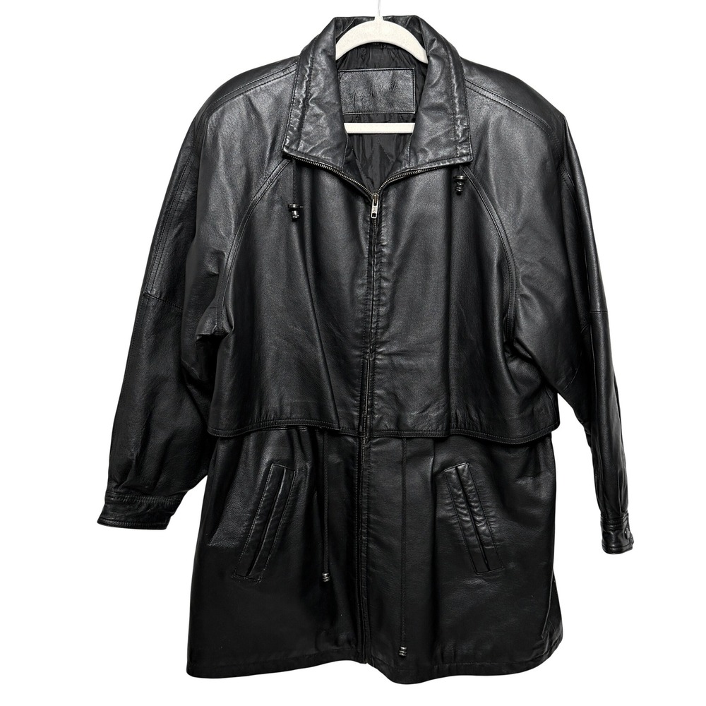 Vtg Jacqueline Ferrar Leather Jacket Womens‎ Sz L Drawstring Zip Up 90s Grunge